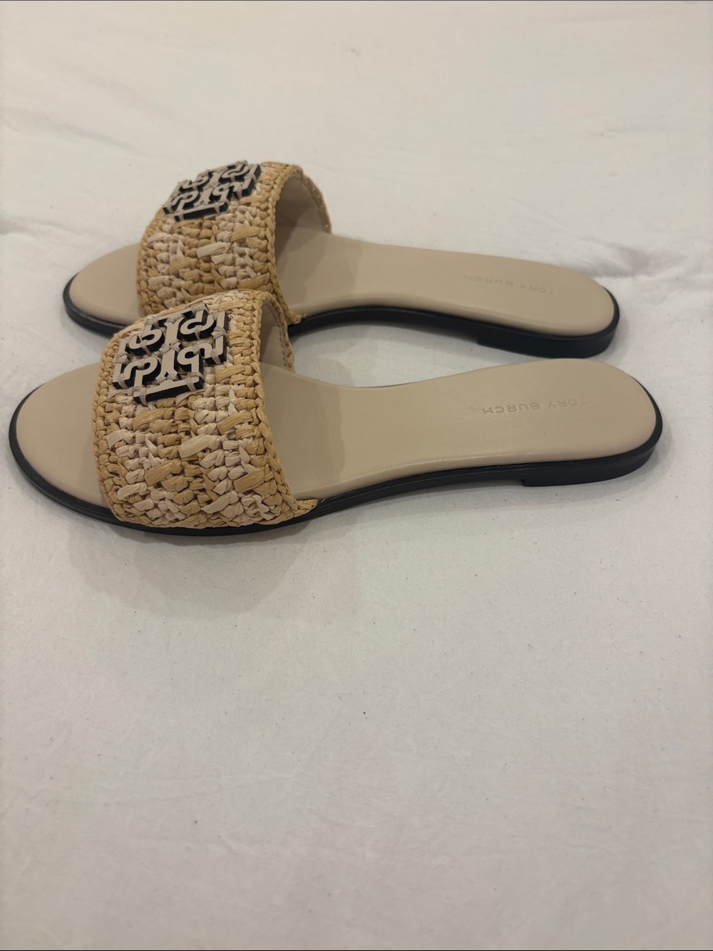 Tory Burch Natural Raffia Logo Slide Sandals - Picture 2 of 4